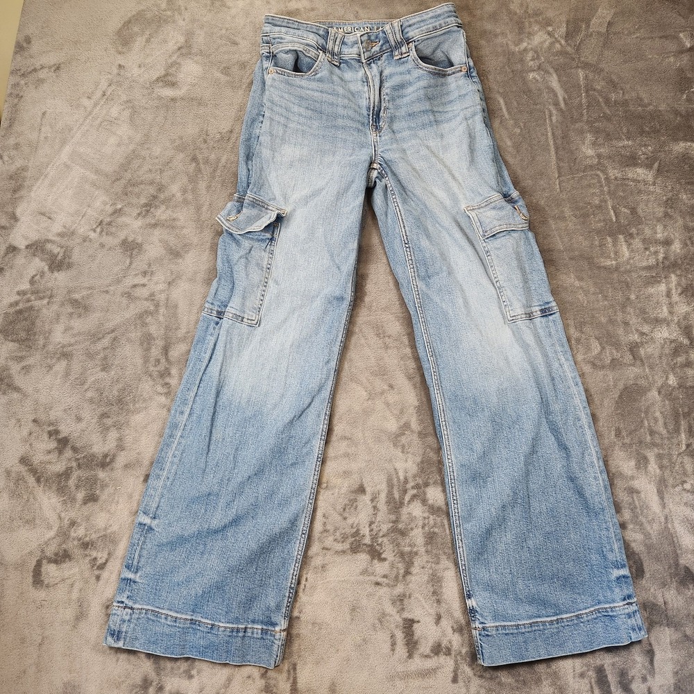 American Eagle Jeans Womens 2 Blue Super High Rise Baggy Wide Leg Cargo 90s VTG